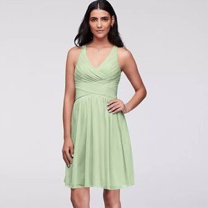 DAVID'S BRIDAL  mesh short bridesmaid dress with crisscross back meadow green